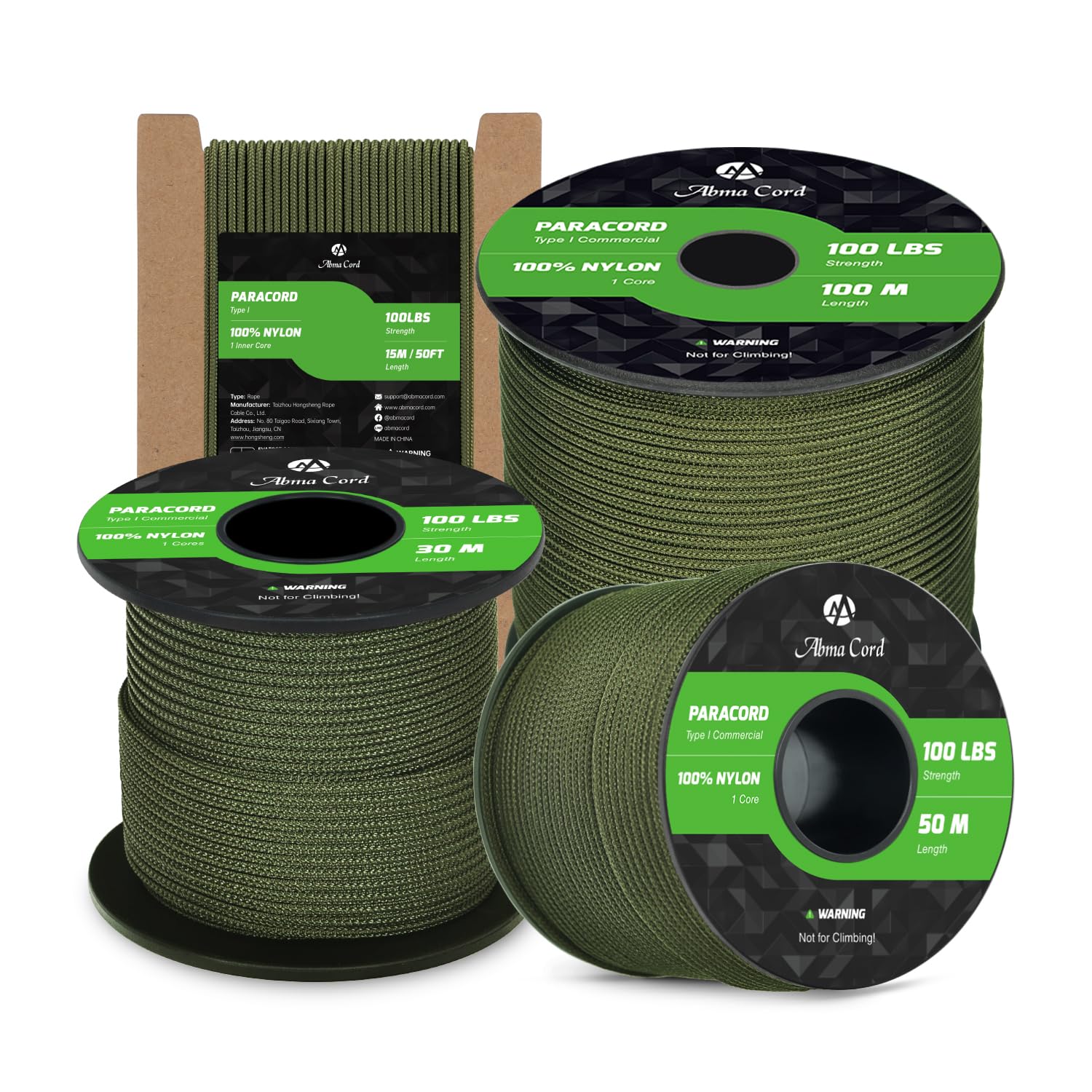 Abma Cord Paracord 2mm 30m 100% Nylon Rope 1 Strand Type I Parachute Cord - Max. 45kg (100lbs) - Army Green