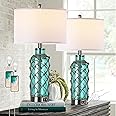 Cottage Nautical Accent Table Lamp Set of 2, Touch Control Coastal Blue Green Glass Rope Net Bedside Lamp with 2 USB Ports, 3-Way Dimmable Nightstand Lamps with White Shade for Living Room, Bedroom