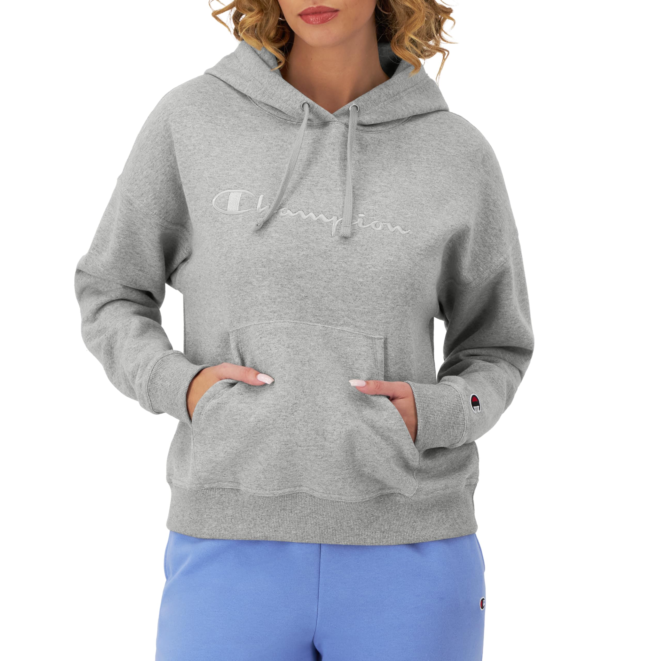 Champion Women's Midweight Hoodie, Relaxed, Full Embroidered Script Logo, New Manhattan Mist Heather, Small Image