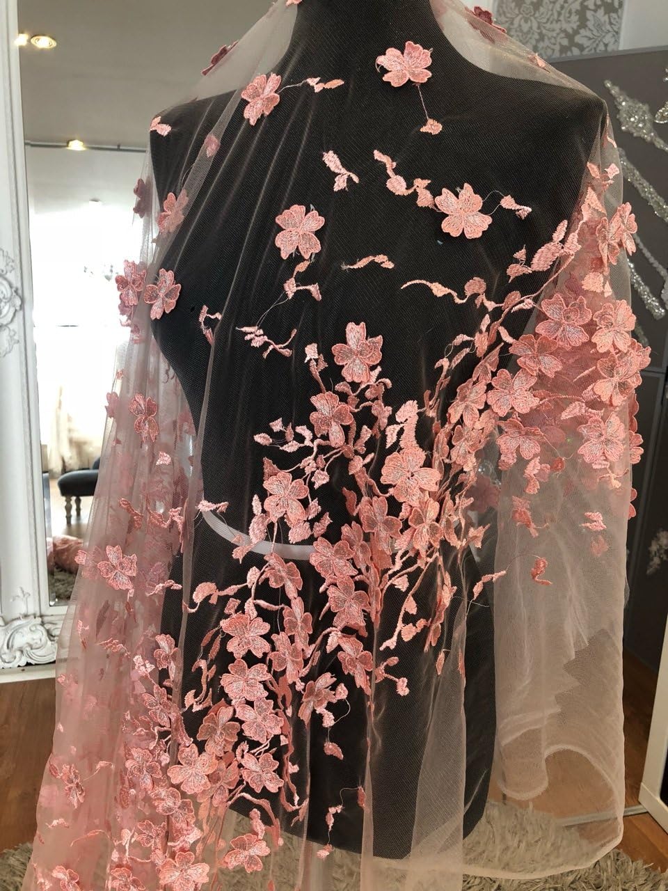 KN31 Pink Lace 3D Floral Bridal/wedding dress embroidered flower lace fabric scallop trim applique 140 width (2 Yards)