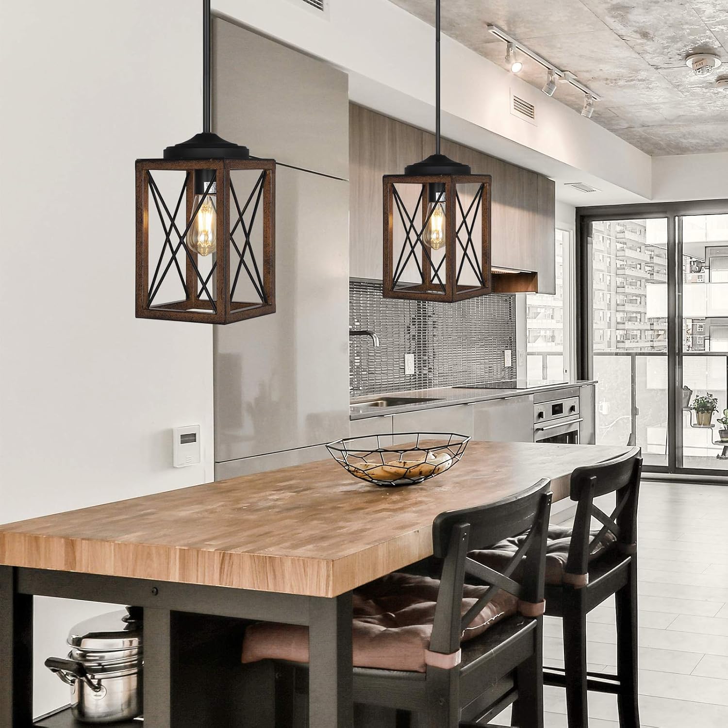 DEWENWILS Farmhouse Pendant Light, Metal Hanging Light Fixture with Wooden Grain Finish, 48 Inch Adjustable Pipes for Flat and Slop Ceiling, Kitchen Island, Bedroom, Dining Hall, E26 Base, ETL Listed - - 