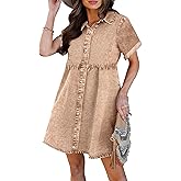 luvamia Women's Casual Short Sleeve Button Down Tiered Denim Babydoll Jean Dress