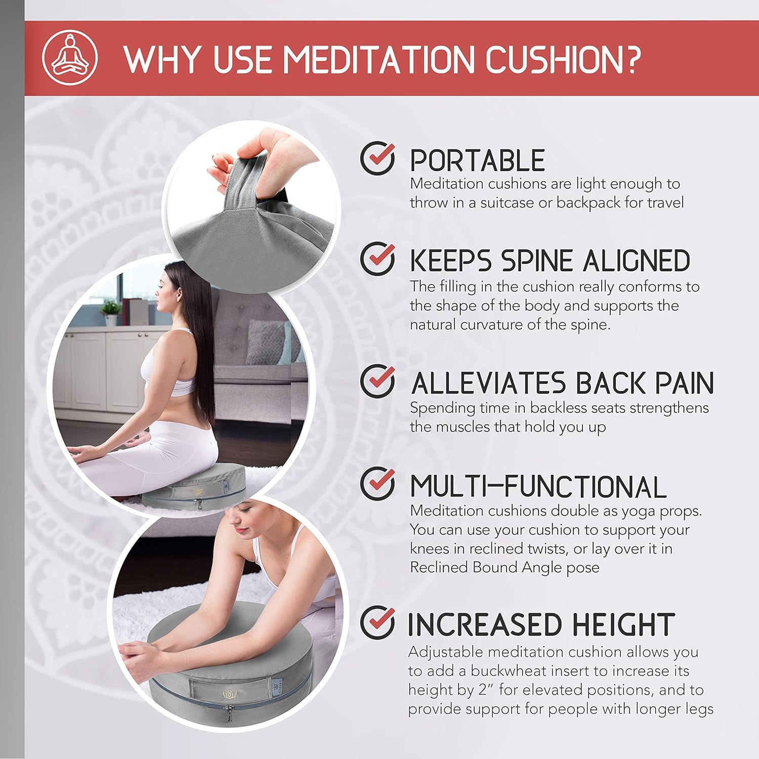 Florensi Adjustable Meditation Cushion (16"x16"x5"), Large Velvet Meditation Pillow, Premium Yoga Pillow for Women and Men, Yoga Cushion, Buckwheat Meditation Cushions, Adjustable Height : Sports & Outdoors