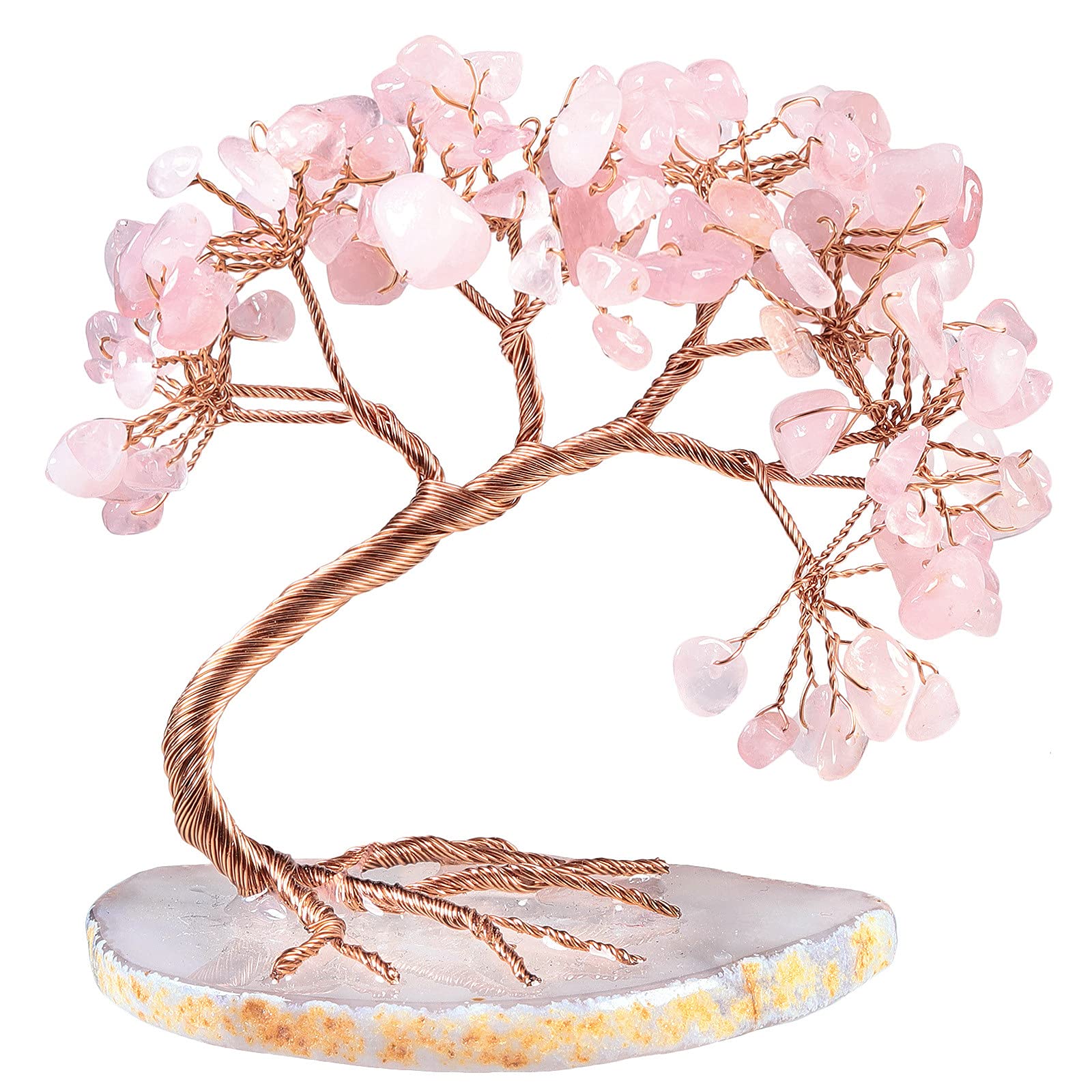 Nupuyai Rose Quartz Crystal Tree with Agate Slice Base, Money Tree Figurines Fengshui Ornament for Home Office Wedding Decoration