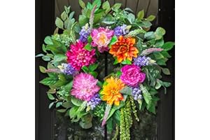 Pinkpuii Summer Wreath for Front Door – 24 Inch Artificial Dahlia, Peony, Hyacinth&Lavender Spring Flower Wreath with Green Eucalyptus Leaves– Vibrant Farmhouse Decor for Indoor Outdoor Wall or Porch