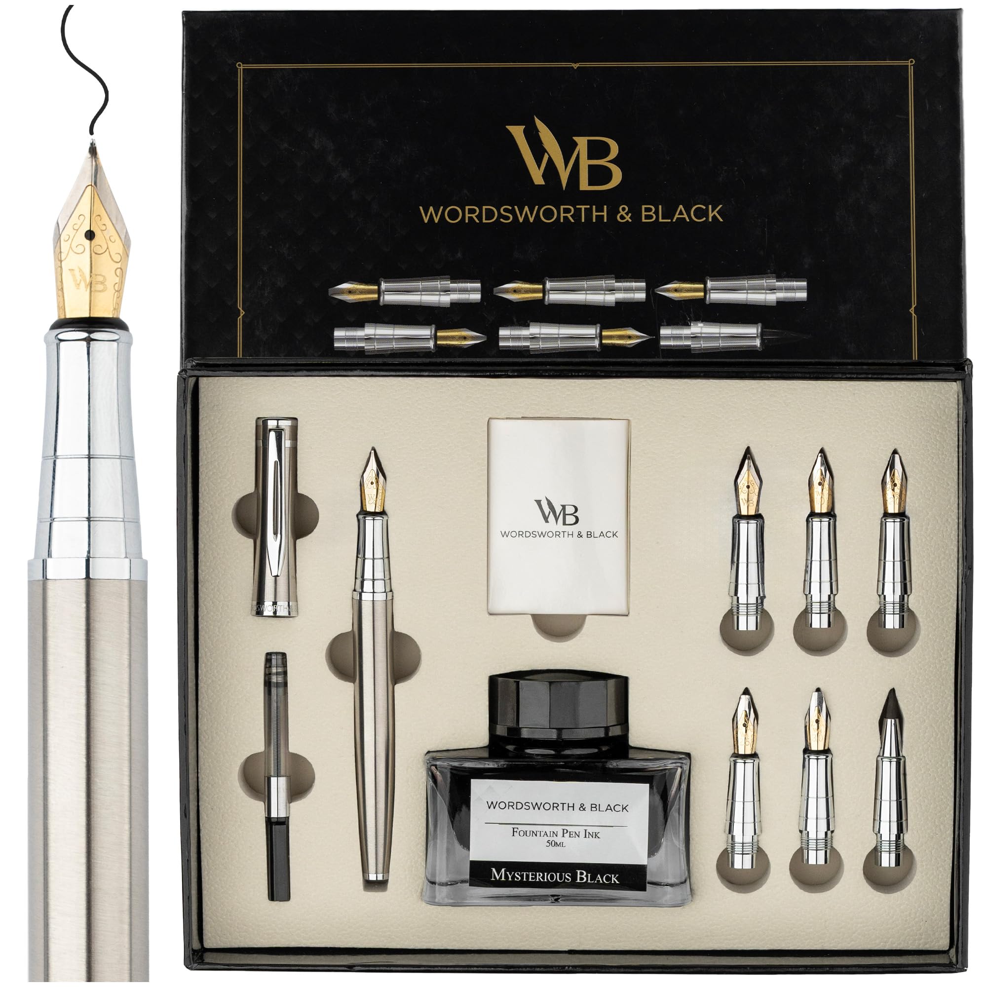Wordsworth & Black Calligraphy Pen Gift Set, Includes Ink Bottle, 6 Ink Cartridges, A Refill Converter, 6 Replacement Nibs, Premium Package, Journaling, Smooth Writing Pens [Silver Chrome] — image 1
