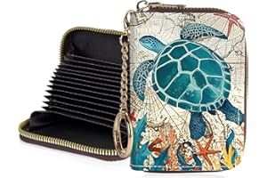 Luoycxy Credit Card Holder for Women,Small Rfid Wallet with Keychain Zipper,Cute PU Leather Card Case Wallet，Accordion Credit Card Wallets Gift,Retro Turtle