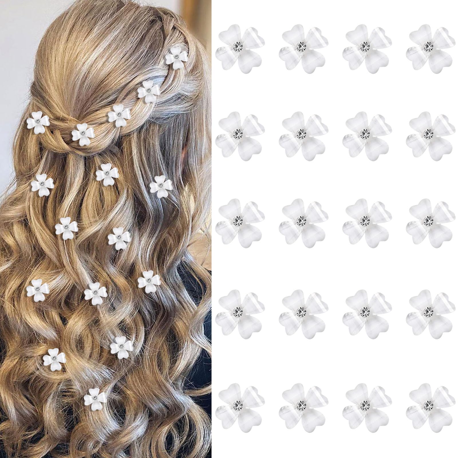 Photo 1 of YISSION 20Pcs Mini White Flower Hair Clips with Rhinestone Cute Hair Pins Decorative Hair Clips Wedding Hair Barrettes Bridal Hair Accessories for Girls Women