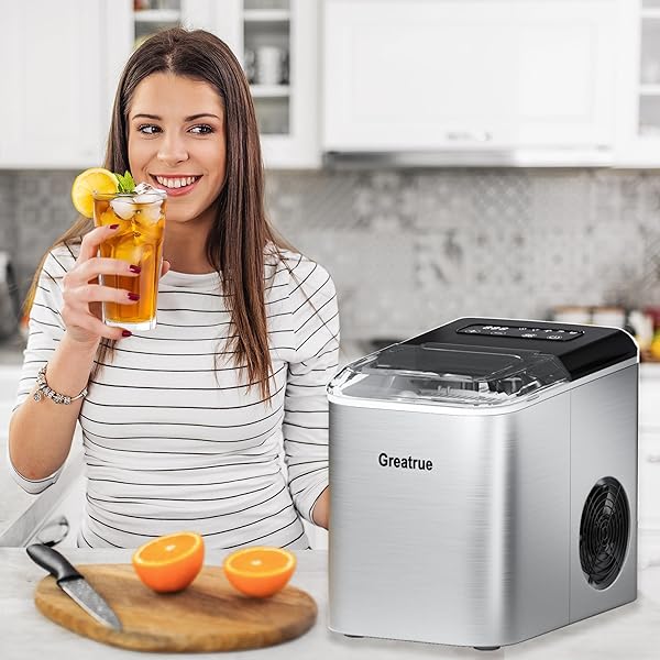 GREATRUE COUNTERTOP ICE MAKER, 9 ICE CUBES IN 6 MINS, 33 LBS/24 HRS, 2 ICE CUBE SIZES, SELF-CLEANING, QUIET OPERATION, COMPACT DESIGN FOR HOME/OFFICE/KITCHEN/CAMPING (STAINLESS STEEL)