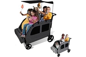 Germinate 4 Seater Wagon Stroller, Large Quad Wagon for Kids 2 3 4 Baby Toddler Child Travel All Terrain Push Triple Twin Double Side by Side Stroller with Canopy Seats (Dark Grey)