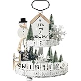 FESTGLOX 14Pcs Winter Christmas Tiered Tray Decor, Snowman Wood Signs Set for Tiered Tray, Small Rustic Winter Snowman Signs and Christmas Tree for Home Table Decoration (Tray Not Included)