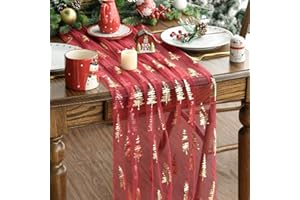 Artoid Mode Red Gold Christmas Tree Gauze Table Runner 120 Inch 10FT, Glitter Metallic Foil Seasonal Sheer Dining Holiday Table Decor for Home Party