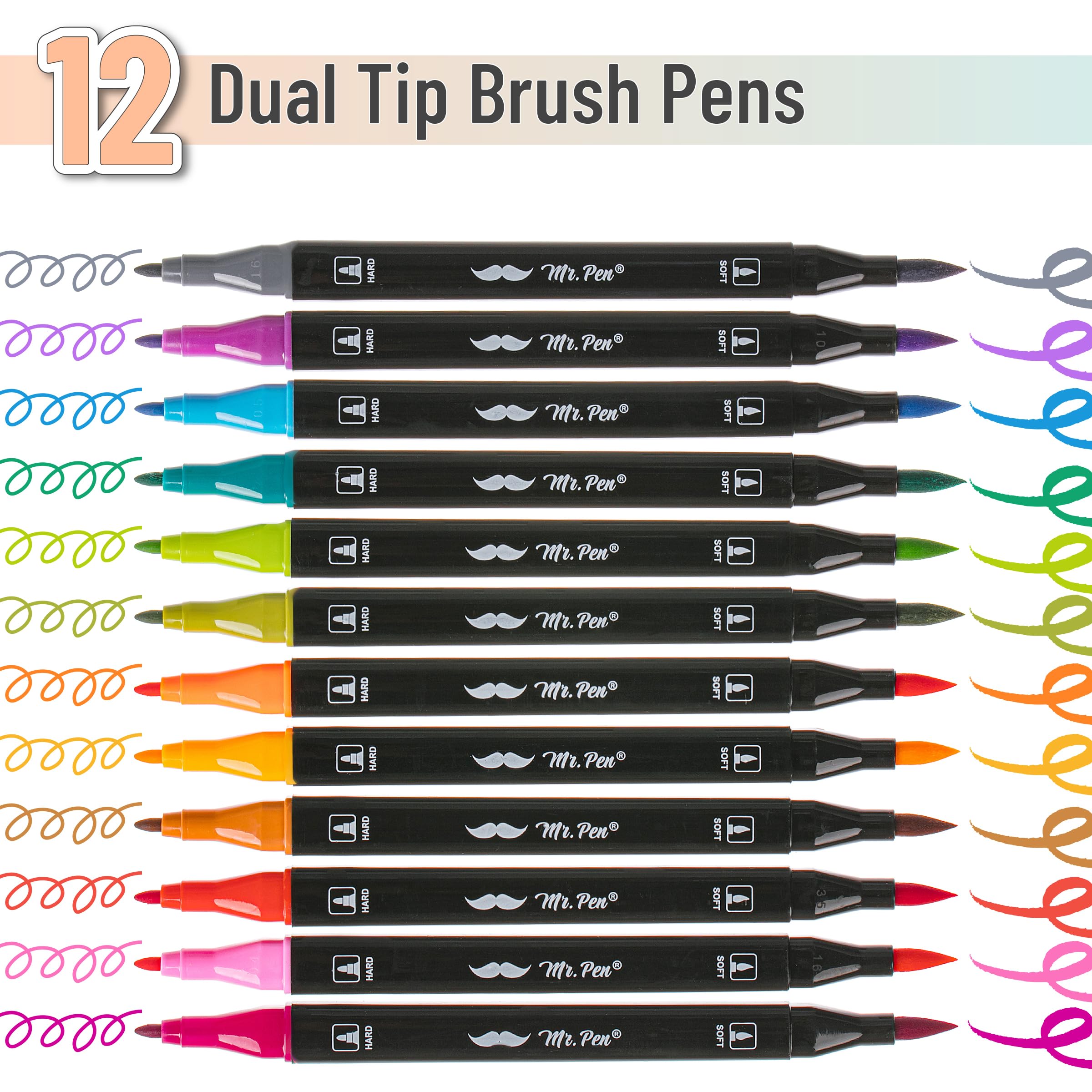 Mr. Pen- Dual Tip Brush Pens, 12 pcs, Vibrant Colors, Brush and Fine Tip Marker, Dual Tip Markers, Art Markers for Adults