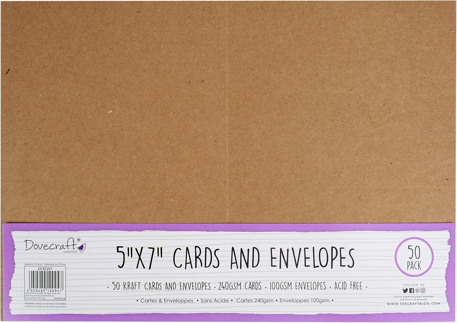 Dovecraft DCBS201 Essentials-Cards & Envelope Blanks-240 GSM 100gsm Envelopes-5"x7"-Kraft-Pack of 50-for Card Making DIY