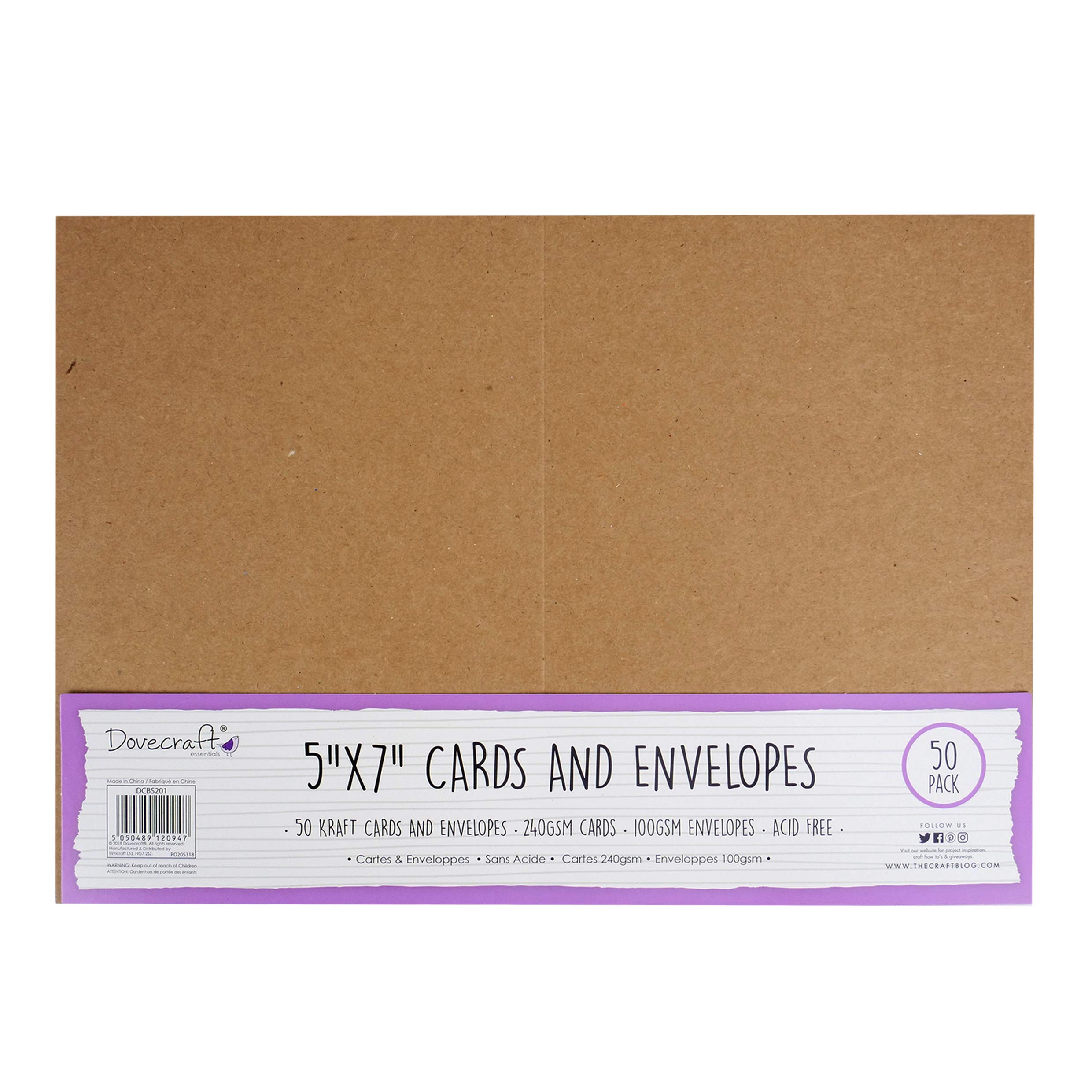Dovecraft DCBS201 Essentials-Cards & Envelope Blanks-240 GSM 100gsm Envelopes-5"x7"-Kraft-Pack of 50-for Card Making, DIY, Party, Papercraft & Home Décor-Acid Free, Brown, 5" x 7"