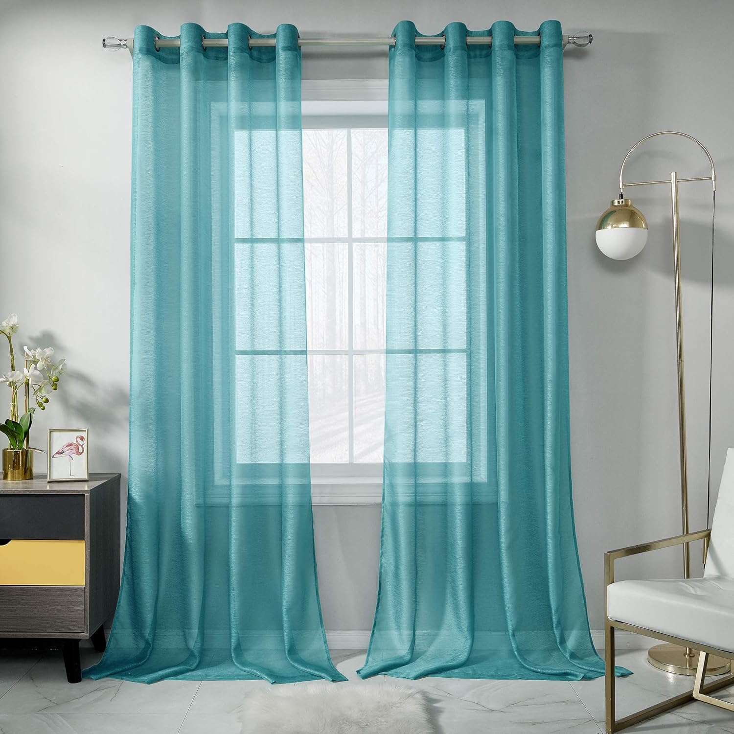 Outdoor Curtains - RAIN CITY Teal Sheer Curtains 108 Inch Length Set 2 Panels for Living Room Semi Voile Sheer Drapes Solid Luxury Grommet Teal Textured Sheer Curtains for Patio Outdoor Decor 52 X 108 Inches 9 FT Long