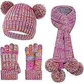 Kids Winter Hat Scarf Gloves Set, Girls Toddler Children's Beanie with PomPom Knit Hats Scarves Mittens for Christmas 2-15Y