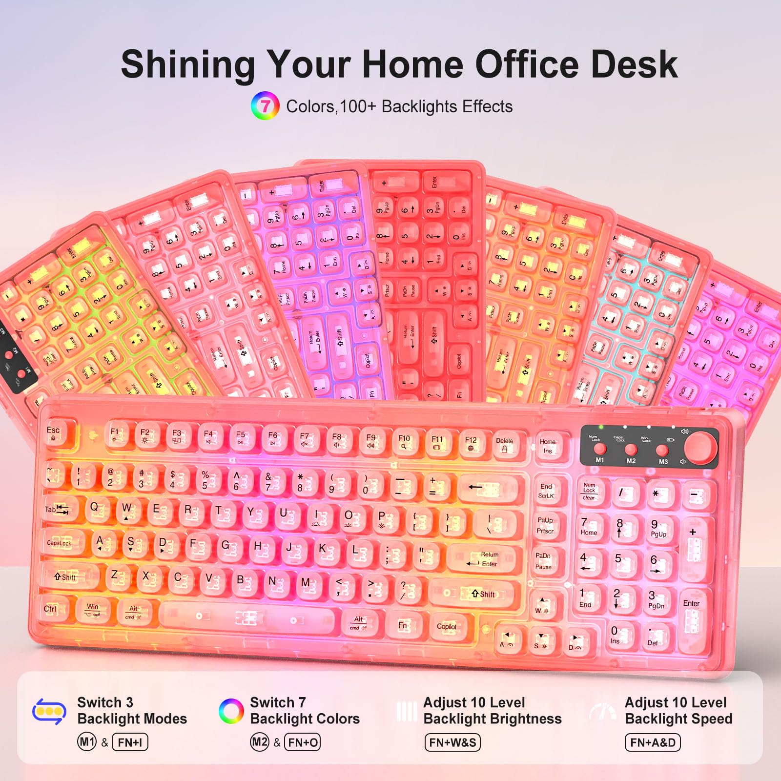 Pink Light Up Keyboard and Mouse Wireless,Cute 2.4Ghz Cordless Rechargeable Transparent Clear Backlit Keyboard,15 Backlight Effects,Volume Knob,RGB Mouse with 3 DPI for Mac Computer PC Laptop Desktop
