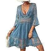 Bsubseach Women Lace Swimsuit Cover Up Bathing Suit Coverups V-Neck Swimwear Beach Vacation Dress