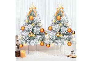 NOVERLIFE Set of 2 28in Snow Flocked Christmas Urn Filler with Lights, Outdoor Pre-lit Christmas Planter Filler Porch Pathway Frosted Xmas Trees Small, Artificial Xmas Tree Urn Filler with DIY Bow&Ball Ornament