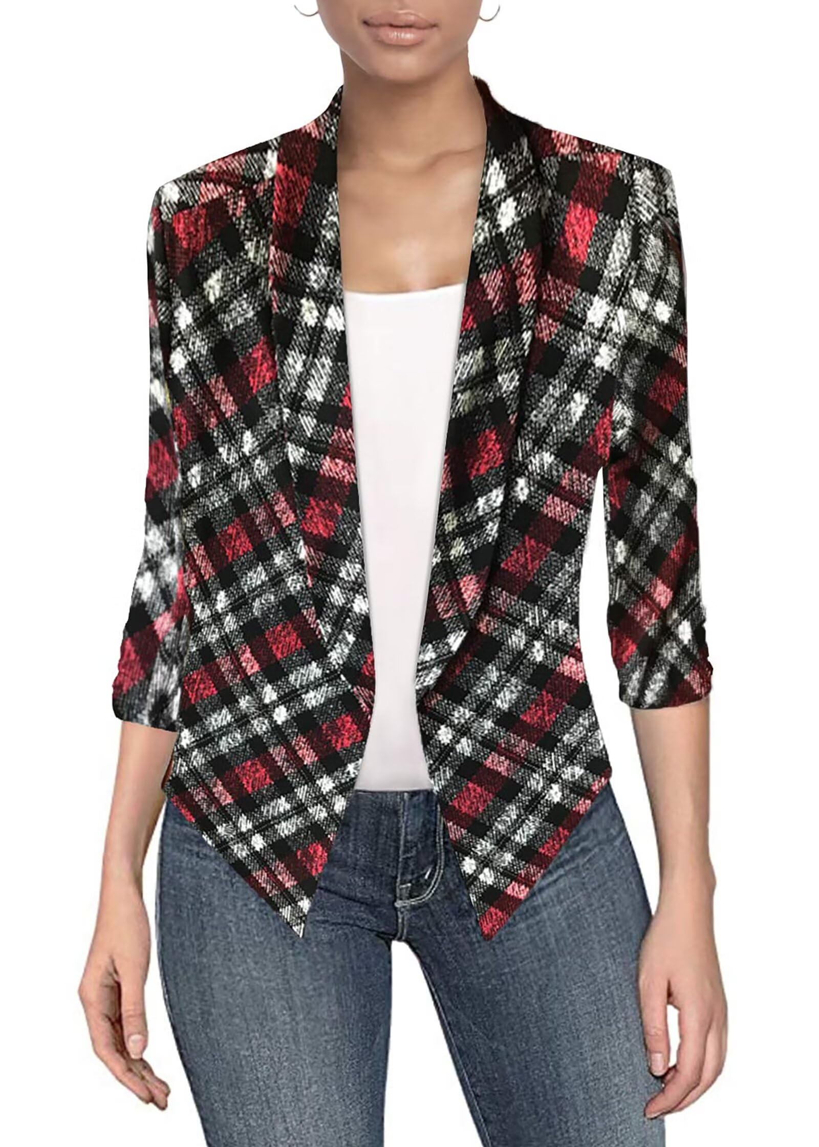 Photo 1 of & Company Womens Casual Work Office Open Front Plaid Print Blazer JK1133 462059 REDMUL M
