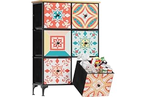 YILQQPER Dresser for Bedroom 6 Drawer Dressers & Chests of Drawers Tall Dresser Organizer Fabric Storage Tower for Closet and Nursery Kids and Adult, Fabric Bins, Wood Top, Boho Colorful Painted