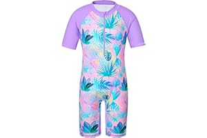 TFJH E Short Sleeve Girls Swimsuits UV 50+ One Pieces Bathing Suits Zipper 2-14Y