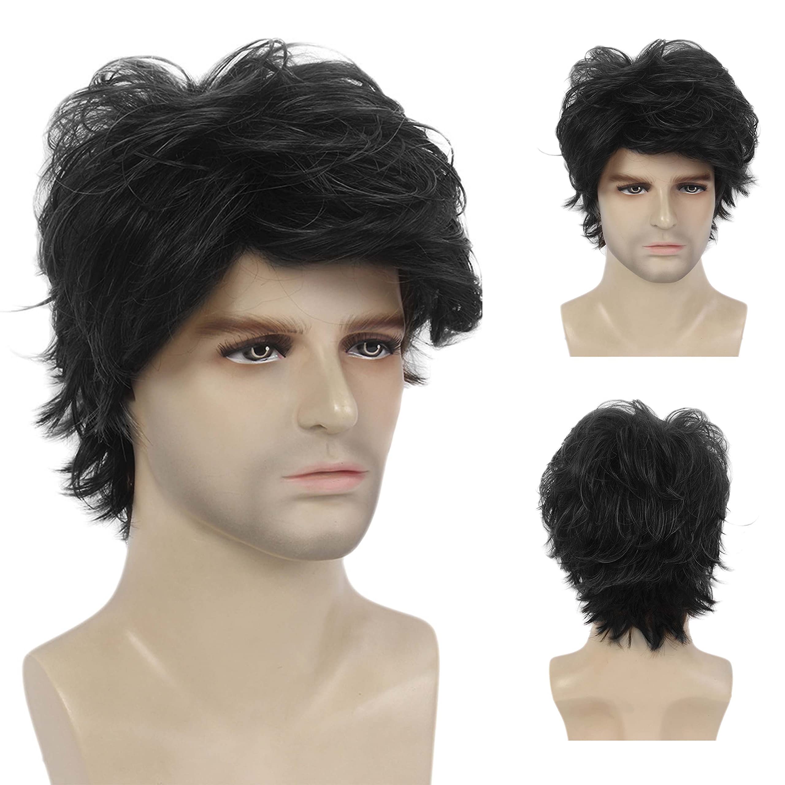 MEIRIYFA Mens Wigs Short Layered Curly Wavy Male Wig Mens Synthetic Fiber Daily Cosplay Halloween Full Wig (Black)
