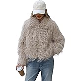 RISISSIDA Women Trendy Shaggy Faux Fur Jacket, Long Sleeve Cropped Style, Short Fleece Plush Winter Fall Outerwear,Beige,Small size