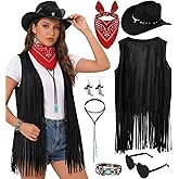 Western Cowgirl Outfits for Women Long Fringe Sleeveless Vest Retro 70s Cowboy Accessories Hippie Country Set 7PCS
