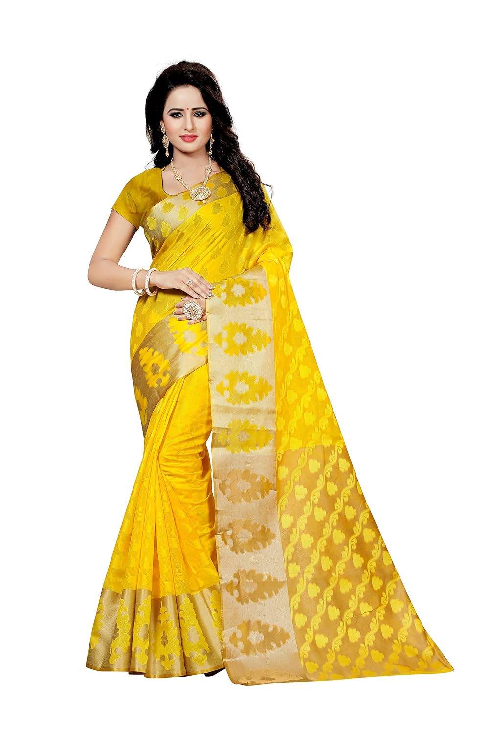 indian beautiful women's poly cotton saree with blouse piece (yellow_ free size)