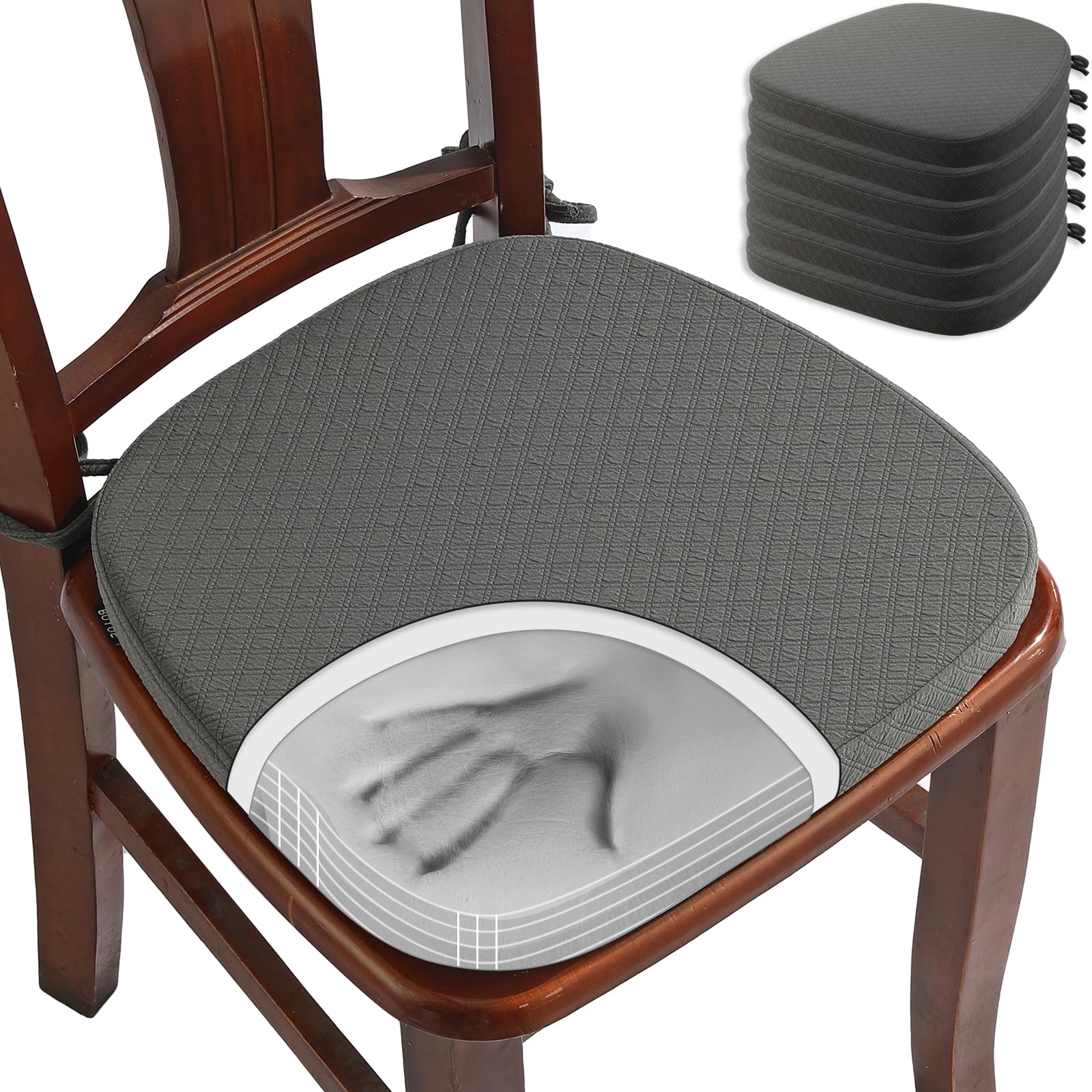 BUYUE Luxury Memory Foam Chair Cushions 6 Pack, Jacquard 16" U-Shape Comfortable Dining Chair Pads, Removable Slip Resistant Kitchen Chair Seat Cushions (Set of 6, Grey) Image