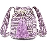 Canvas Crossbody Bags for Women, Tassels Drawstring Bucket Bag, Bohemian Handbag, Purple Tote Bag Large Capacity Travel Shoulder Bag for Vacation Travel Daily Matching