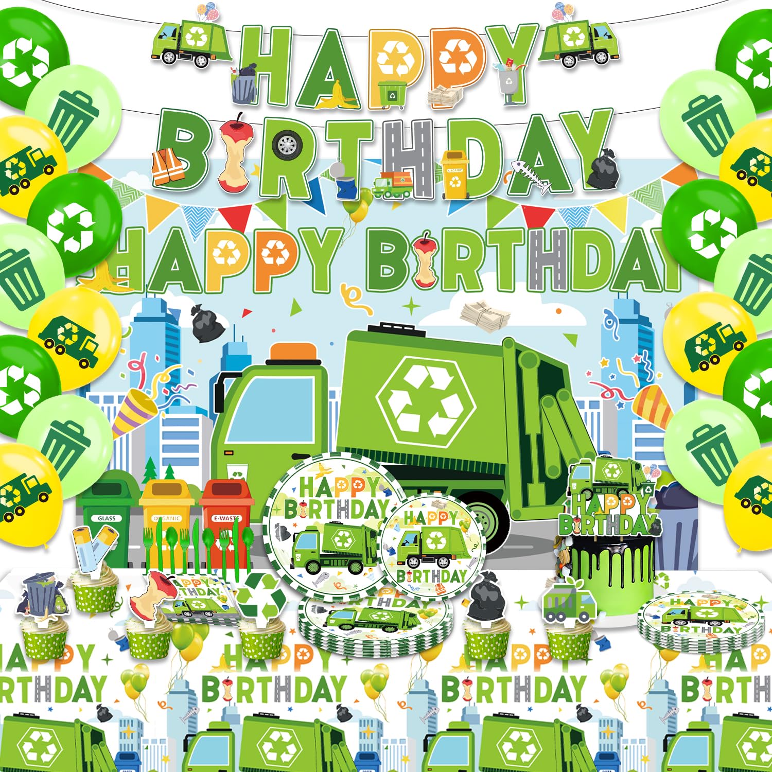 Photo 1 of Trash Truck Birthday Decorations?Garbage Truck Birthday Decorations?Garbage Truck Party Supplies?Include Balloons,Backdrop,Banner, Cake Toppers?Plates?Tableware, Tablecloth