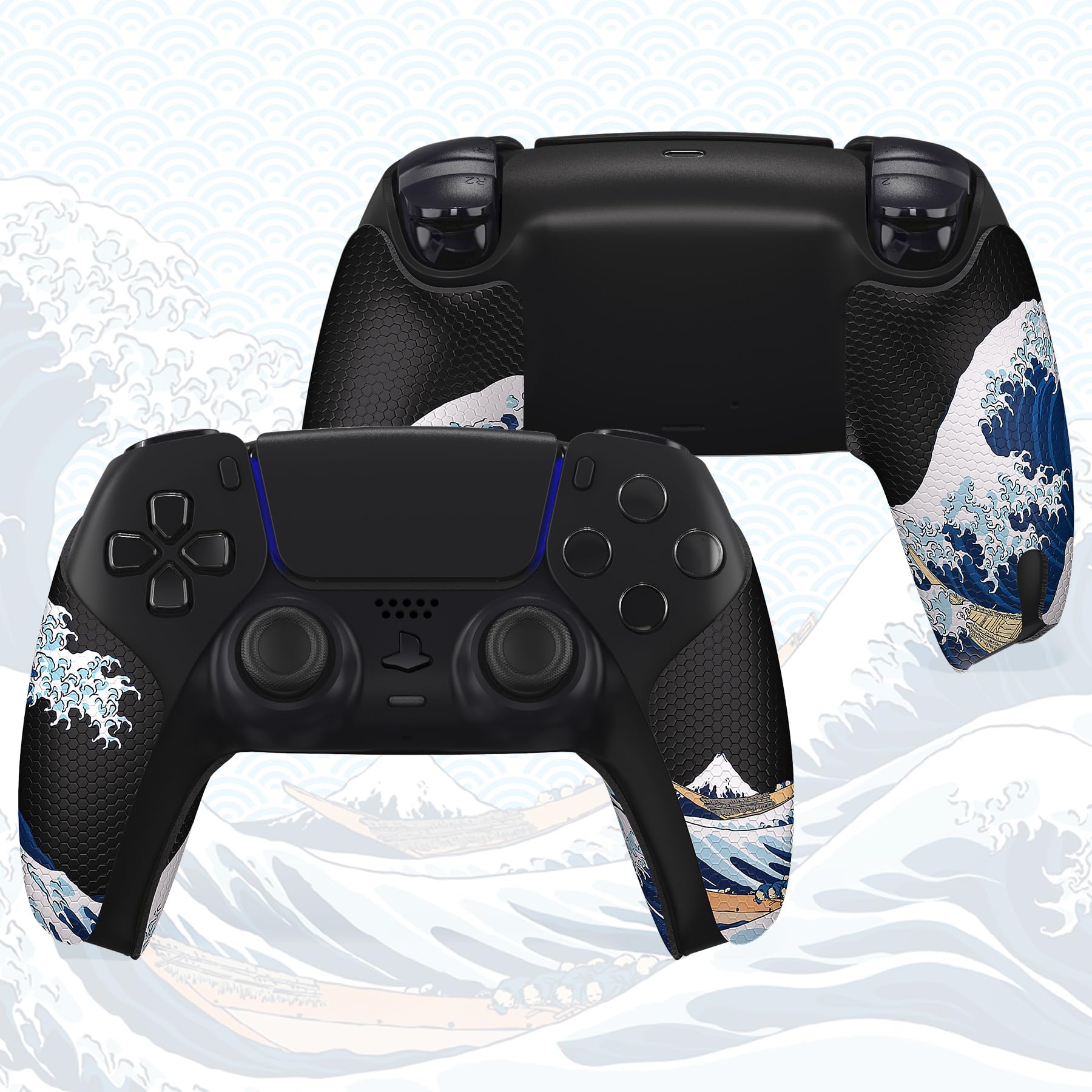 eXtremeRate PlayVital Anti-Skid Sweat-Absorbent Controller Grip for ps5 Controller, Professional Textured Soft Rubber Pads Handle Grips for ps5 Controller - The Great Wave Off Kanagawa