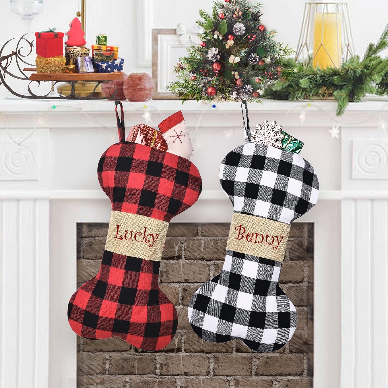 Stockings & Holders - CARAKNOTS Dog Stockings Christmas Personalized 1 Pack Buffalo Plaid Christmas Stockings for Dogs Pets Puppy Family Xmas Holiday Fireplace Decoration for Home Party