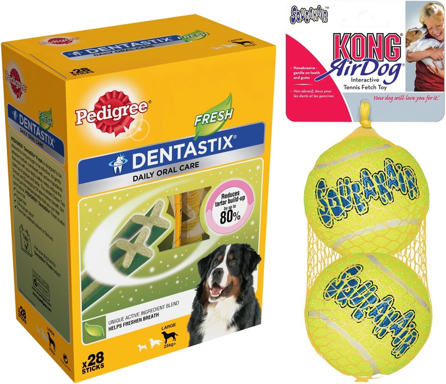 DENTASTIX Fresh 28pk and Kong Air Tennis Balls For Dogs (Large Dogs)