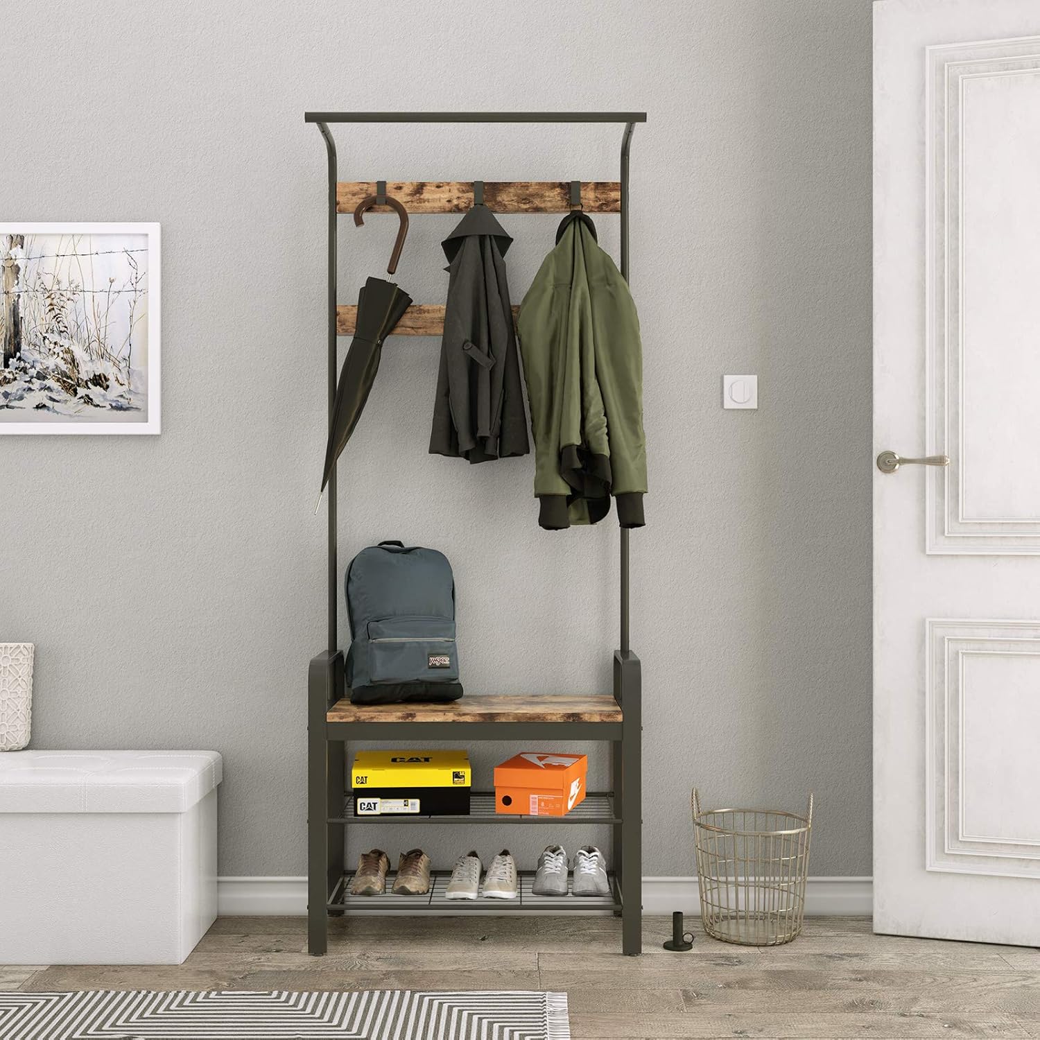 VASAGLE DAINTREE Coat Rack, Shoe Bench, Hall Tree with Storage Shelf for Entryway, Industrial Accent Furniture with Steel Frame, 3-in-1 Design, Easy Assembly, Rustic Brown and Black UHSR40B: Kitchen & Dining
