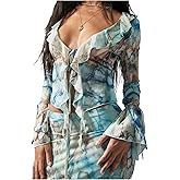 Milumia Women's Y2k Knot Front Ruffle Top Sheer Tie Dye V Neck Bell Sleeve Going Out Rave Tops