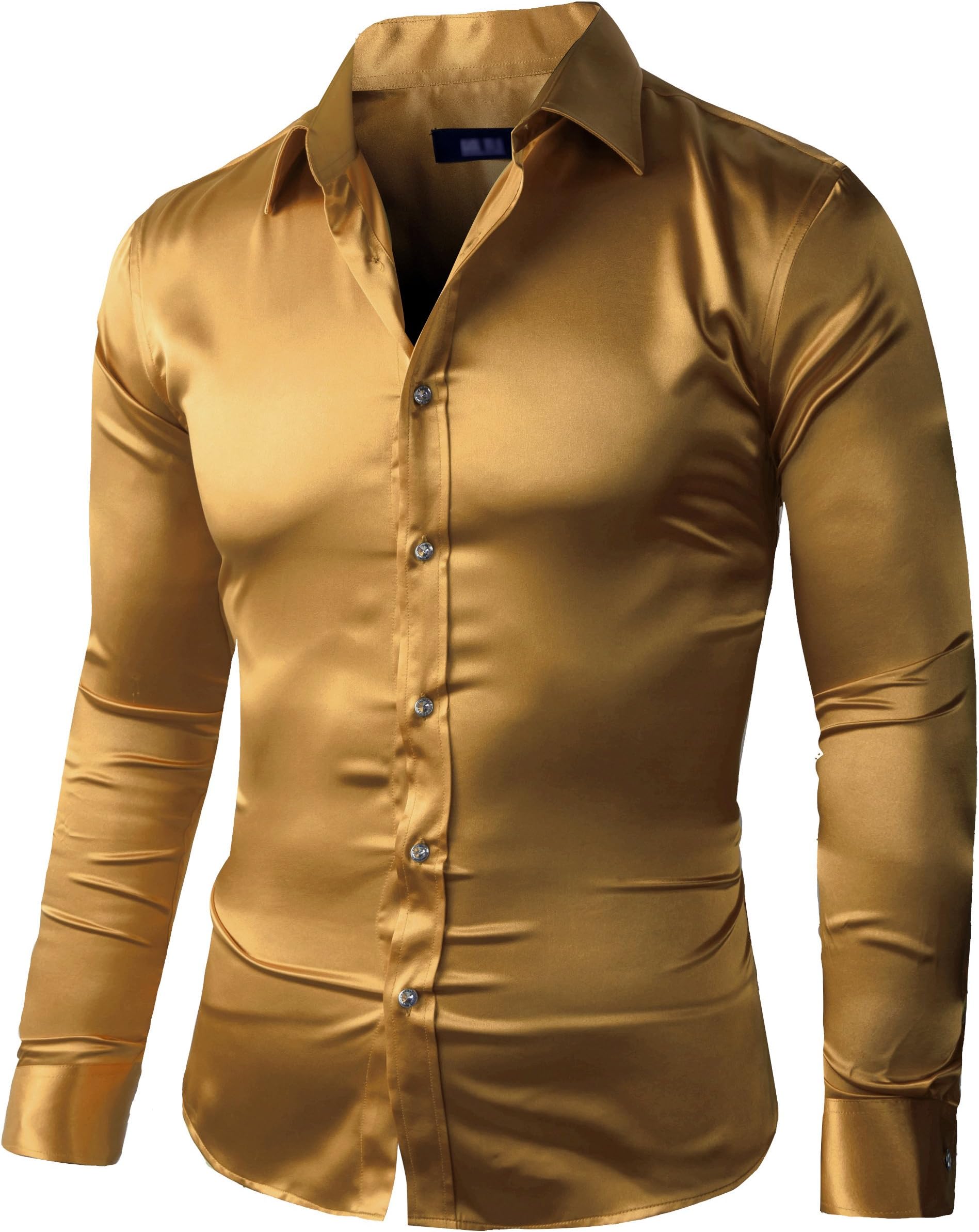 ZERDSKY Men's Regular-Fit Satin Shiny Dance Prom Dress Shirt,golden,Large - 17" Neck 32/34" Sleeve,Tag size: Regular185