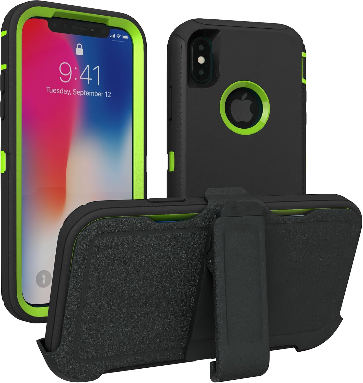 iPhone X Case, iPhone Xs Case, ToughBox [Armor Series] [Shock Proof] [Black | Lime] for Apple iPhone X Case [Comes with Holster & Belt Clip] [Fits OtterBox Defender Series Belt Clip]