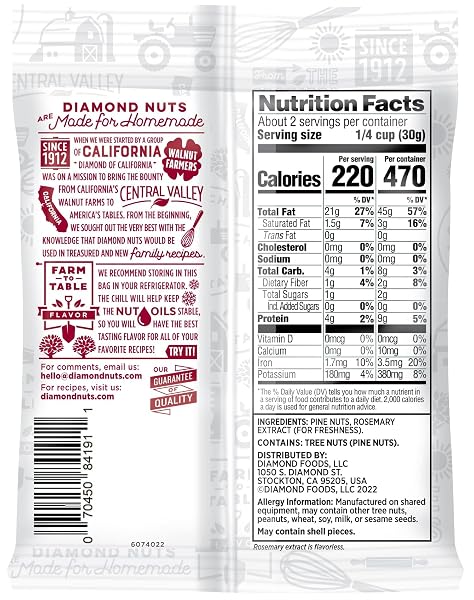DIAMOND OF CALIFORNIA SHELLED PINE NUTS, RAW UNSALTED PINE NUTS FOR PESTO, BAKING, SNACKING, AND SALADS, 2.25 OZ.