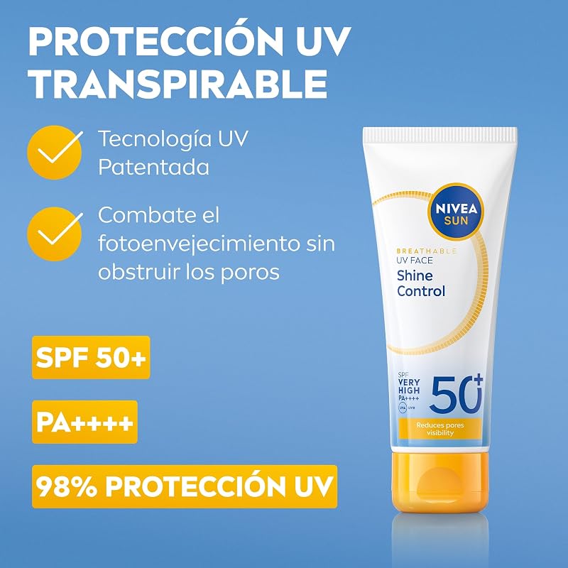 Nivea sun alta proteção solar uv shine control fp50 (50 ml), creme facial matificante com 0% de sensação pegajosa