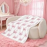 Manfei Pink Bowknot Flannel Blanket Dreamy Princess Style Kids Girls Fleece Throw Blanket for Room Decor,Watercolor Bow Geometric Grids White Bed Blanket for Bed Sofa Couch,Baby 30"x40"