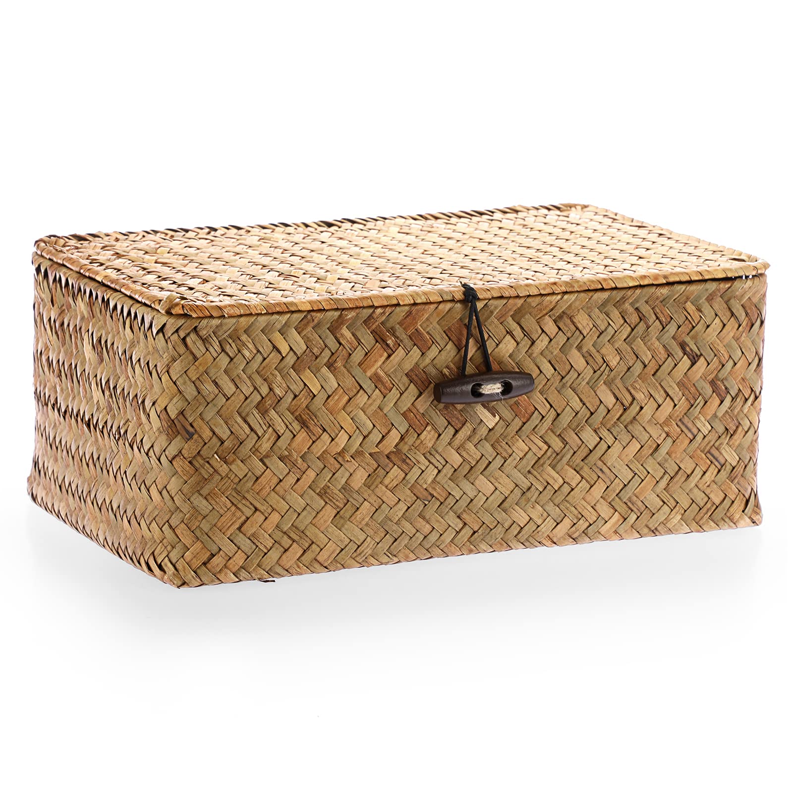 IGNPION Seagrass Storage Basket with Lid Woven Seagrass Desktop Basket Rectangular Bathroom Storage Organiser Box, Shelves & Desks Decorative Multipurpose storage Hamper (Caramels, S)