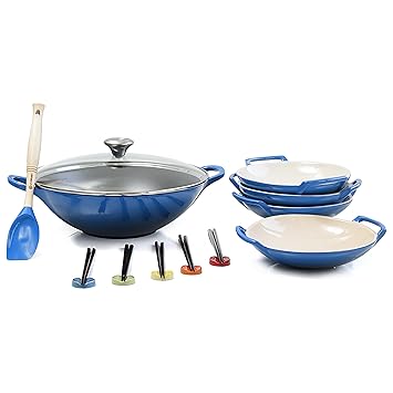 Le Creuset Marsella azul esmaltado hierro fundido Wok con cerámica ...