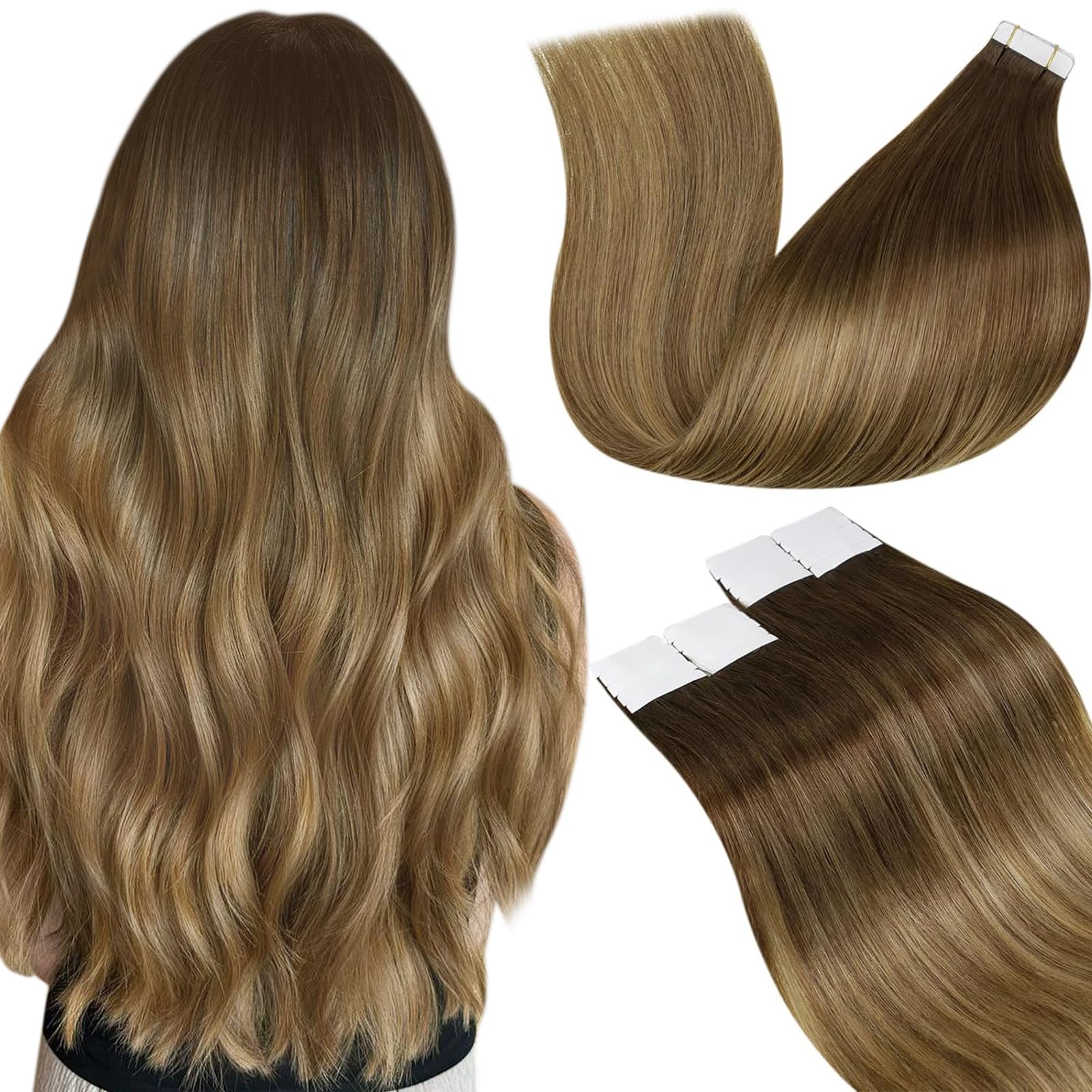 LaaVoo Tape in Hair Extensions Human Hair 50g Tape Hair Extensions Real Human Hair Invisible Tapes Remy Straight Balayage Brown Shadows Hair Double Sided Tabs 20pcs 22 Inch #6/8/14 — image 1