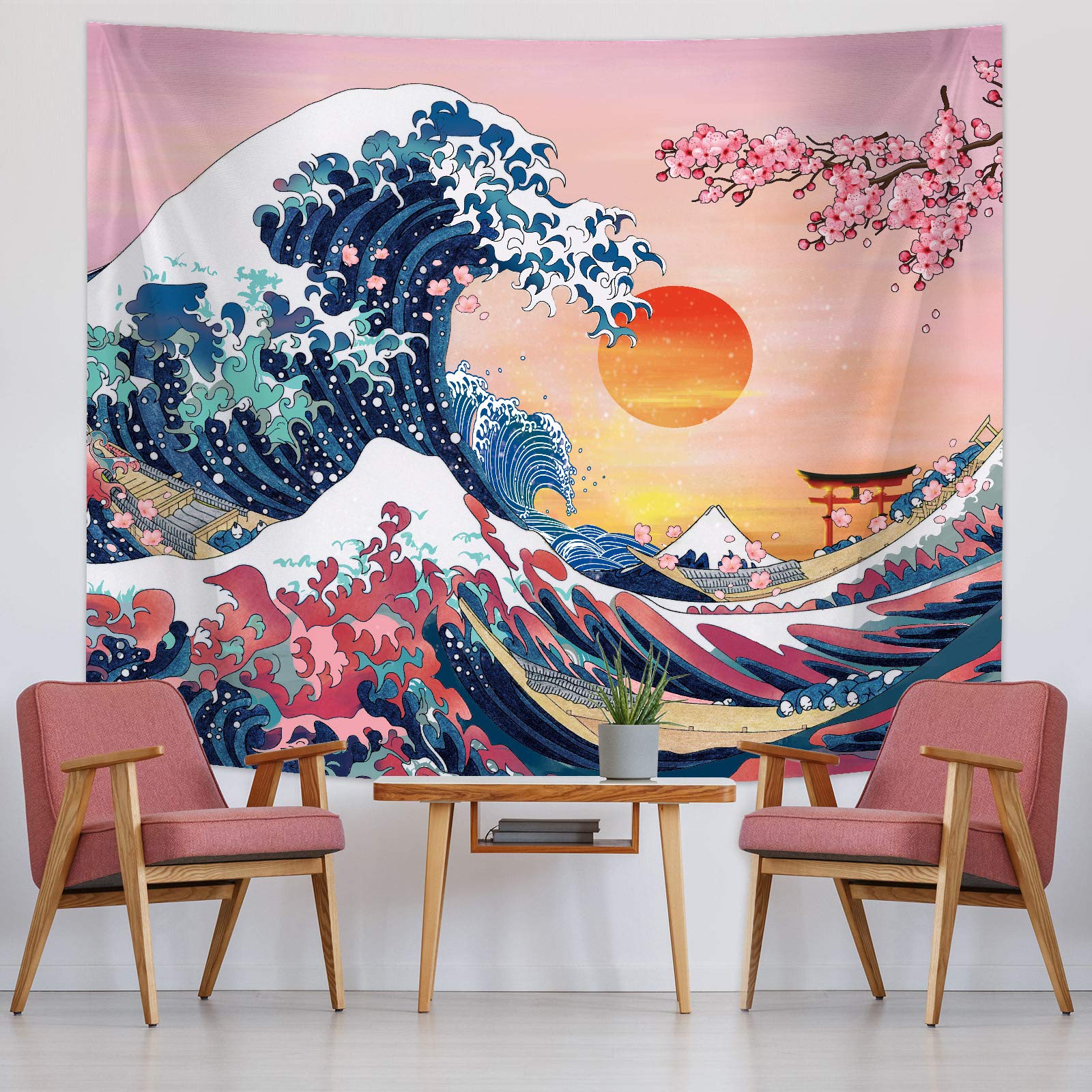 Great Wave Japanese Ocean Wave Wall Art - Cherry Blossom Tree Backdrop Sunset Mountain Hanging Kanagawa for Japanese Living Room Bedroom Decorations (59 x 51 Inch)