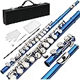 Ktaxon C Closed Hole Flute 16 Keys Flutes Kit for Students, Professionals & Beginner, Orchestra Musical Nickel Flute with Hard Case, Cleaning Rod, Cloth, Gloves (Blue)