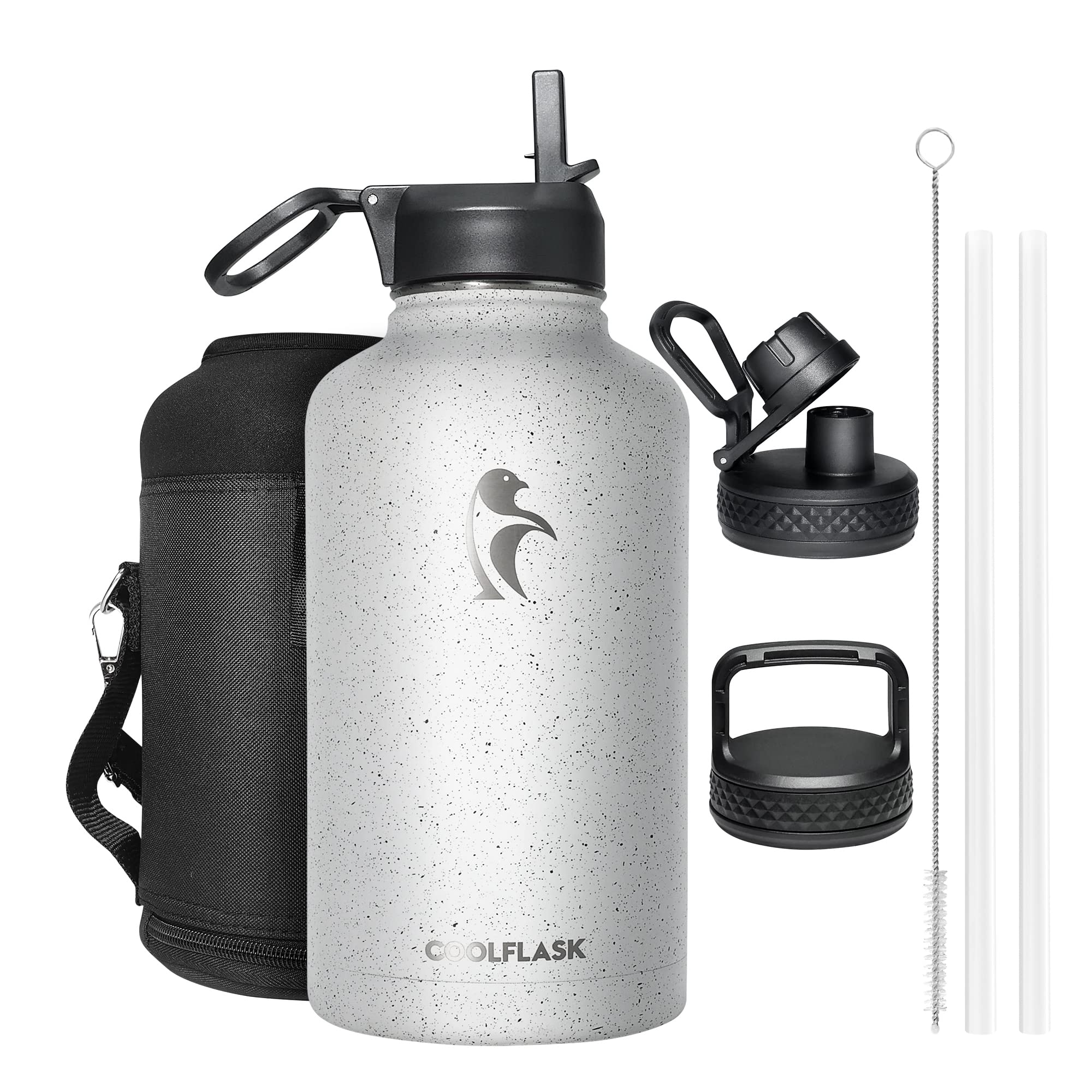 Coolflask Insulated Water Bottle 2L, Half Gallon Water Jug with Straw & 3 Lids, Large Insulated Water Bottle, Stainless Steel Vacuum Water Bottle for Gym, Sports and Travel, Starry White